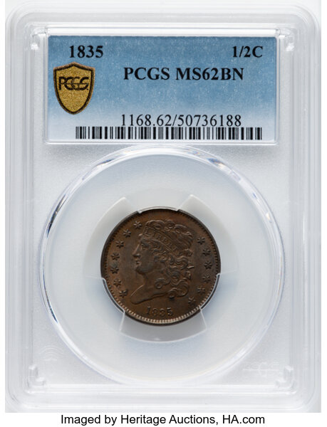 image for: 1835 1/2 C C-1, B-1, R.1, MS62 Brown PCGS.  Mintage 398,000....