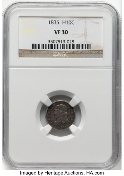 image for: 1835 H10C Small Date, Small 5C, V-7, LM-10, R.1, VF30 NGC. Mintage 2,760,000....