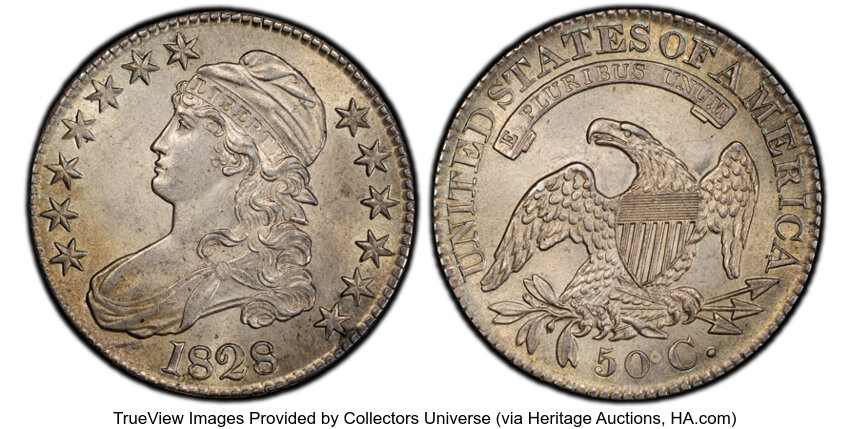 image for: 1828 50C Curl Base 2, No Knob, O-101, R.2, MS62 PCGS. Mintage 3,075,200....