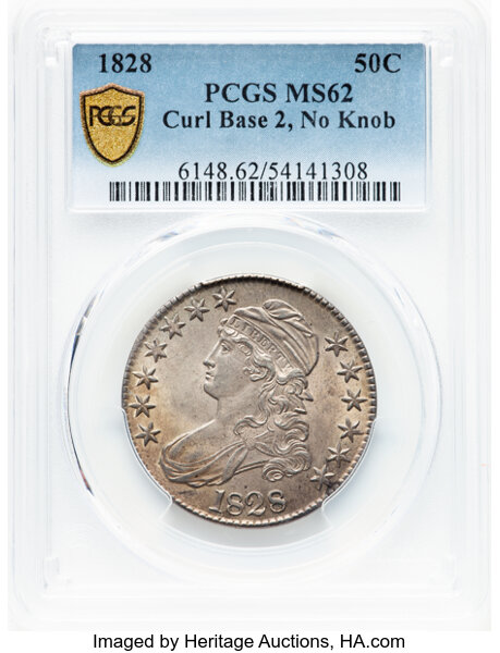 image for: 1828 50C Curl Base 2, No Knob, O-101, R.2, MS62 PCGS. Mintage 3,075,200....