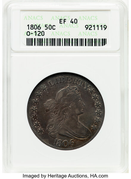 image for: 1806 50C Pointed 6, Stem, O-120, T-28, R.3, XF40 ANACS. Housed in a small-sized holder.  ...