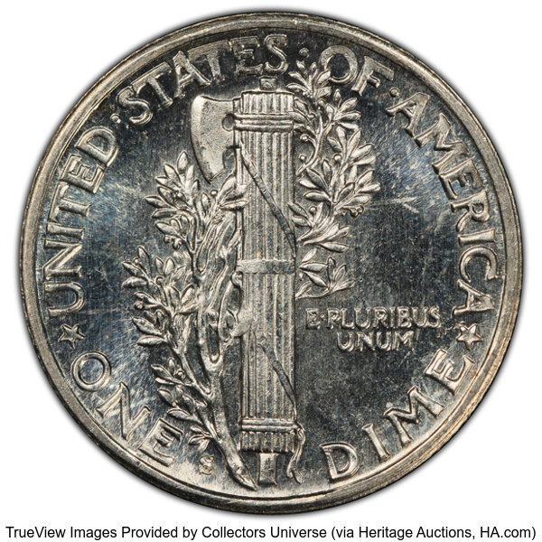 image for: 1943-S 10C MS65 Full Bands Prooflike PCGS.  Mintage 60,400,000....