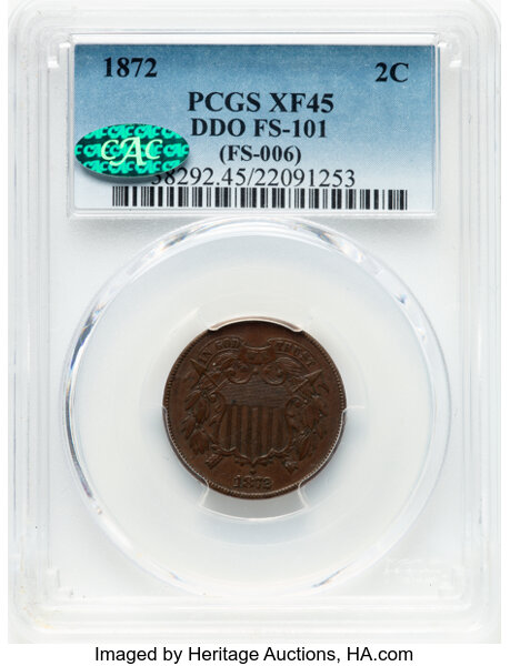 image for: 1872 2C Doubled Die Obverse, FS-101, XF45 PCGS. CAC. PCGS Population: (1/9). CAC Population: (1/5). Mintage 65,000....