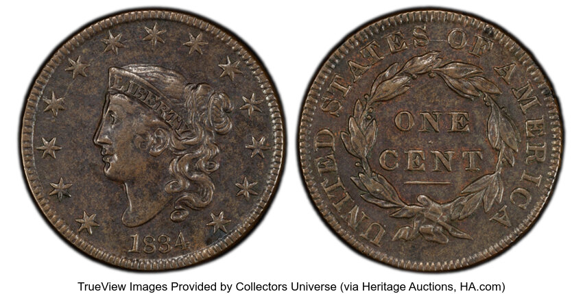image for: 1834 1C Small 8, Large Stars, Medium Letters, N-1, R.1, AU50 PCGS. Liberty's profile is strike doubled....