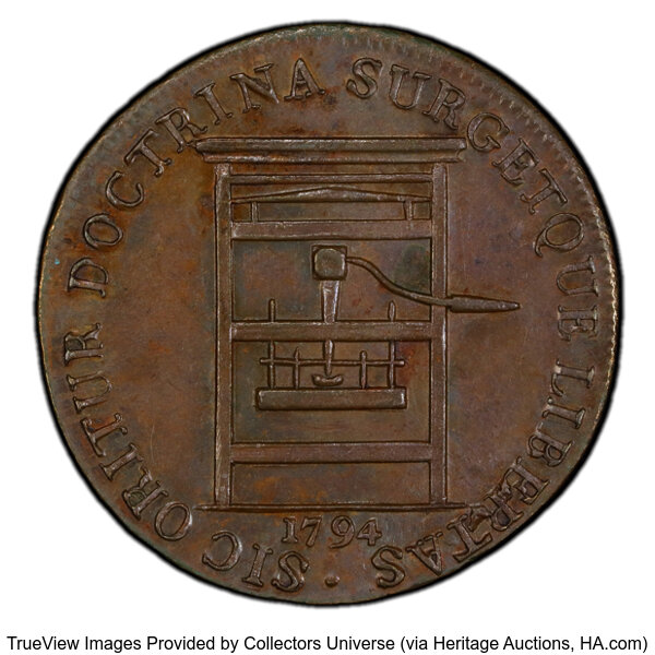 image for: 1794 1/2P Franklin Press Token, Plain Edge, MS62 Brown PCGS. Breen-1165, W-8850, R.1. PCGS Population: (35/33 and 0/0+)....