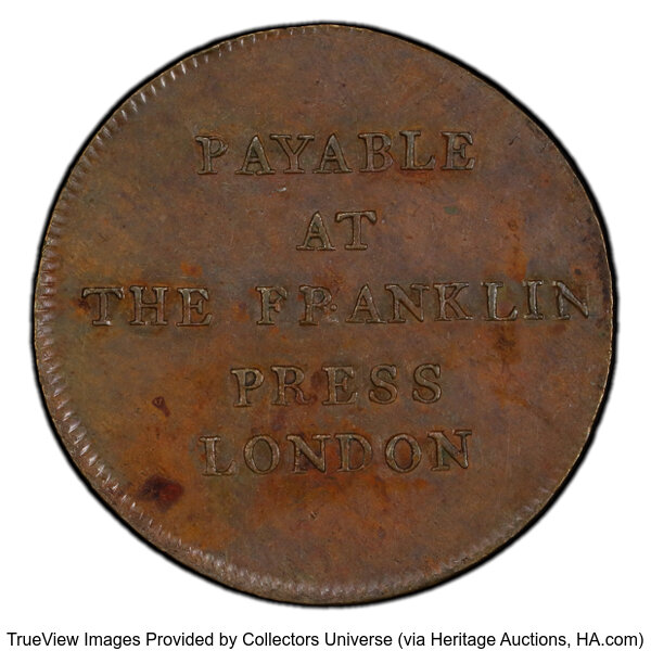 image for: 1794 1/2P Franklin Press Token, Plain Edge, MS62 Brown PCGS. Breen-1165, W-8850, R.1. PCGS Population: (35/33 and 0/0+)....