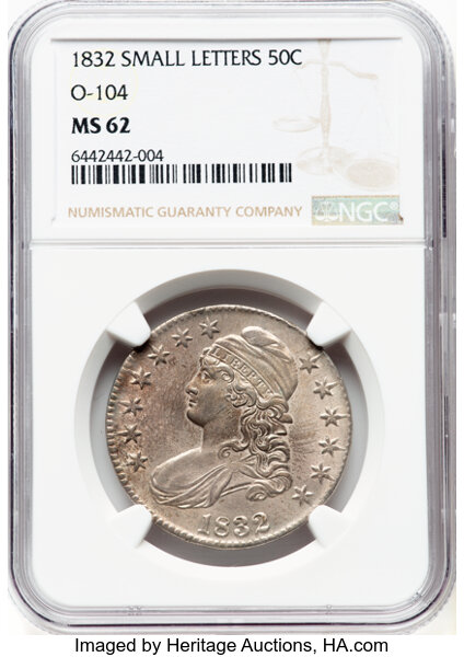 image for: 1832 50C Small Letters, O-104, R.4, MS62 NGC. NGC Census: (3/0).  Mintage 4,797,000. ...