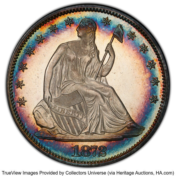 image for: 1872 50C PR64+ Cameo PCGS. Ex: D.L. Hansen Collection. Sharply frosted devices and mirror-like fields deliver stark contras...