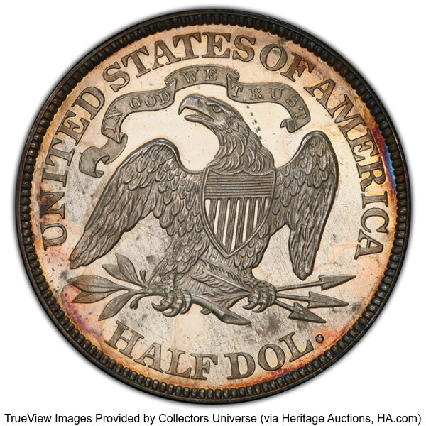 image for: 1872 50C PR64+ Cameo PCGS. Ex: D.L. Hansen Collection. Sharply frosted devices and mirror-like fields deliver stark contras...