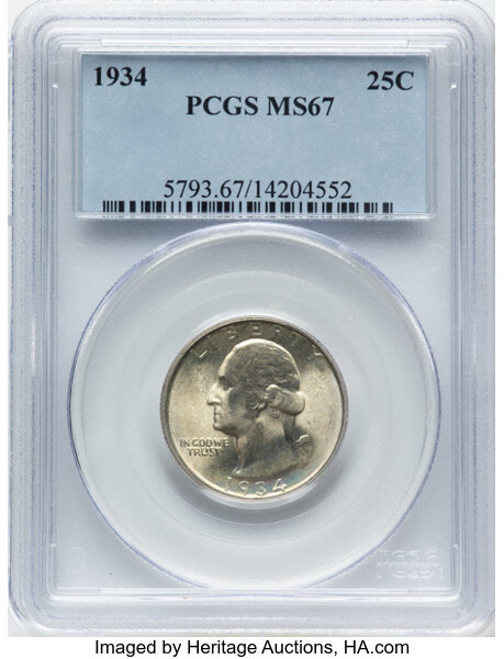 image for: 1934 25C Medium Motto, FS-402, MS67 PCGS.  Mintage 31,912,052....