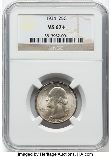 image for: 1934 25C Medium Motto, FS-402, MS67+ NGC.  Mintage 31,912,052....