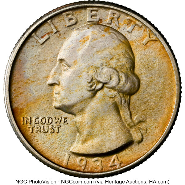 image for: 1934 25C Medium Motto, FS-402, MS65 NGC.  Mintage 31,912,052....