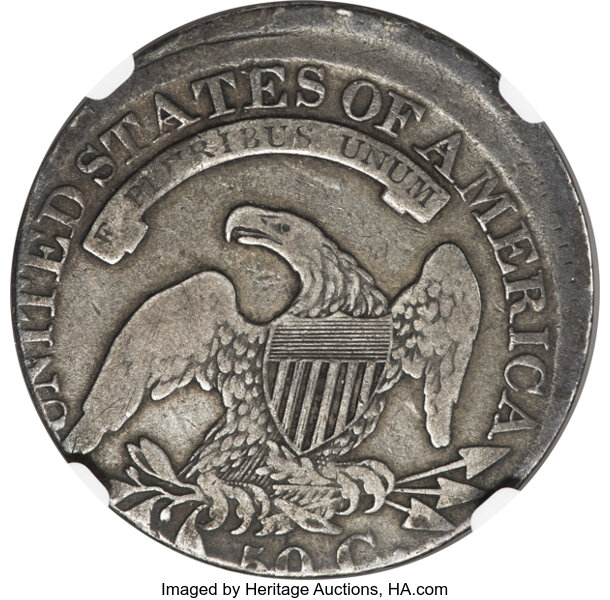 image for: 1827 50C Capped Bust Half Dollar, Square Base 2, O-128, R.4 -- Struck 10% Off Center -- VG8 NGC. Dusky iron-gray patina is ...