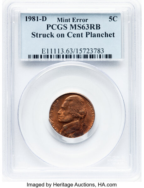 image for: 1981-D 5C Jefferson Nickel -- Struck on Cent Planchet -- MS63 Red and Brown PCGS....