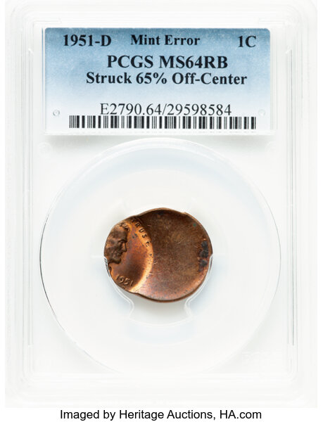 image for: 1951-D 1C Lincoln Cent -- Struck 65% Off-Center -- MS64 Red and Brown PCGS. PCGS Population: (52/65).  Mintage 625,355,000....