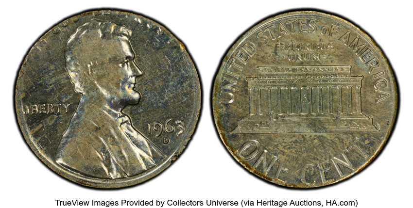 image for: 1963-D 1C Lincoln Cent -- Struck on 10c Planchet -- AU50 PCGS. PCGS Population: (11/91).  Mintage 1,774,020,400....