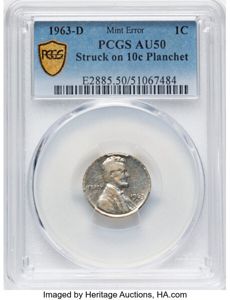 image for: 1963-D 1C Lincoln Cent -- Struck on 10c Planchet -- AU50 PCGS. PCGS Population: (11/91).  Mintage 1,774,020,400....