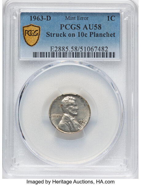 image for: 1963-D 1C Lincoln Cent -- Struck on 10c Planchet -- AU58 PCGS. PCGS Population: (33/17).  Mintage 1,774,020,400....