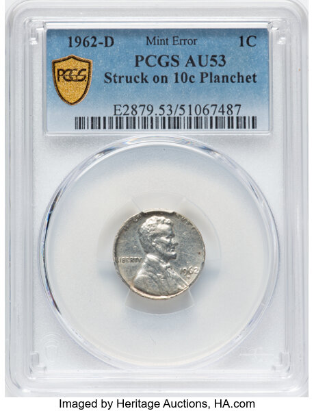 image for: 1962-D 1C Lincoln Cent -- Struck on 10c Planchet -- AU53 PCGS. PCGS Population: (7/48).  Mintage 1,793,148,400....