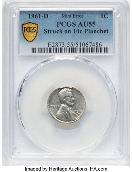 image for: 1961-D 1C Lincoln Cent -- Struck on 10c Planchet -- AU55 PCGS. PCGS Population: (11/43).  Mintage 1,753,266,700....
