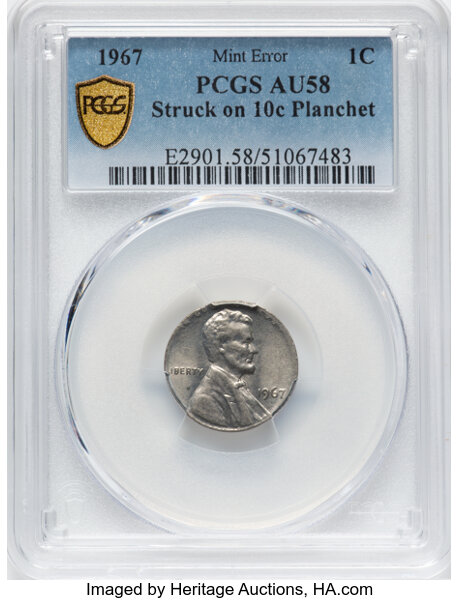 image for: 1967 1C Lincoln Cent -- Struck on 10c Planchet -- AU58 PCGS. PCGS Population: (26/15)....