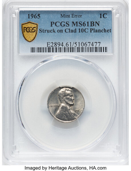 image for: 1965 1C Lincoln Cent -- Struck on a Clad Dime Planchet -- MS61 PCGS. The PCGS insert incorrectly designates the color as "B...