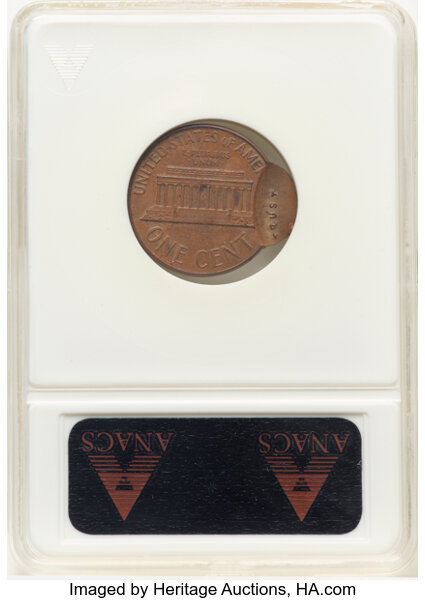 image for: 1964-D 1C Lincoln Cent -- Flipover Double Struck -- MS60 Brown ANACS. Housed in a small-sized holder.  Mintage 3,799,07...