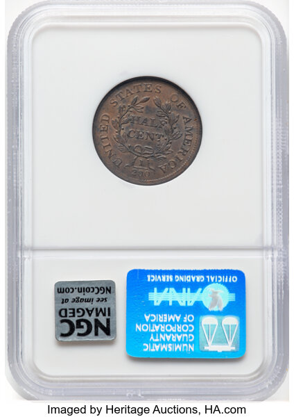 image for: 1804 1/2 C Half Cent, Plain 4, No Stems, C-13, B-10, R.1 -- Flipover Double Struck  in Collar -- MS63 Brown NGC....
