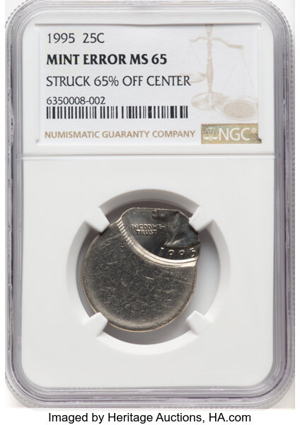 image for: 1995-P 25C Washington Quarter -- Struck 65% off-Center -- MS65 NGC. NGC Census: (22/206)....