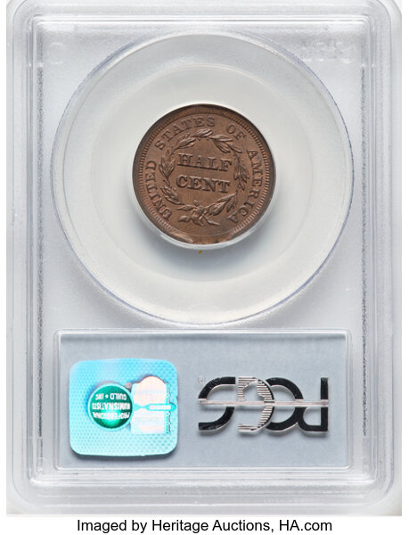 image for: 1857 1/2 C Half Cent, C-1, B-1, R.2 -- 3% Clipped Planchet -- MS63 Brown PCGS....