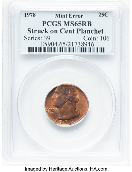 image for: 1978 25C Washington Quarter -- Struck on Cent Planchet -- MS65 Red and Brown PCGS.  Mintage 521,452,000....