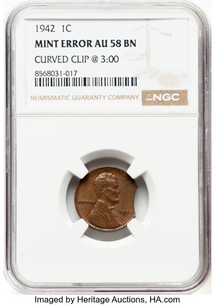 image for: 1942 1C Lincoln Cent -- Curved Clip @3:00 -- AU58 NGC. NGC Census: (2/12).  Mintage 657,828,600....