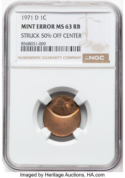image for: 1971-D 1C Lincoln Cent -- Struck 50% Off Center -- MS63 Red and Brown NGC. NGC Census: (6/31)....