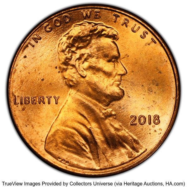 image for: 2018 1C Lincoln Cent Shield -- Struck Through Reverse -- MS64 Red PCGS. PCGS Population: (9/478 and 1/21+)....