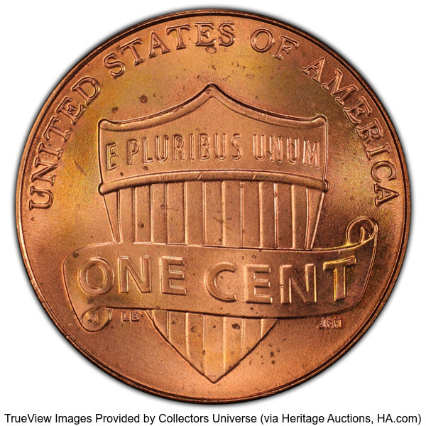 image for: 2015 1C Lincoln Cent Shield -- Obverse Split Die -- MS65 Red PCGS. PCGS Population: (34/499 and 4/12+)....