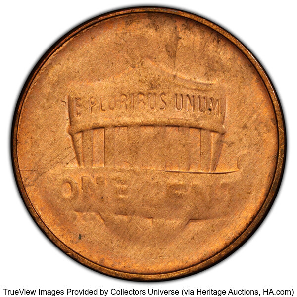 image for: 2021-D 1C Lincoln Cent Shield -- Struck Through Grease -- MS64 Red PCGS. PCGS Population: (18/471 and 0/4+)....