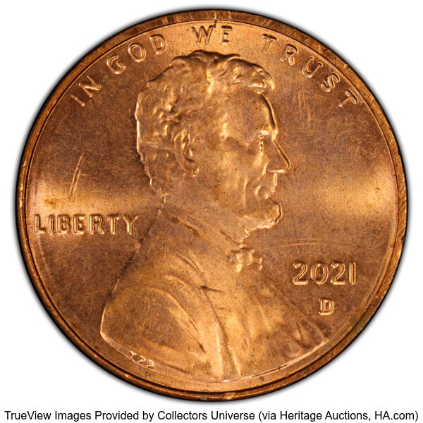 image for: 2021-D 1C Lincoln Cent Shield -- Struck Through Grease -- MS64 Red PCGS. PCGS Population: (18/471 and 0/4+)....