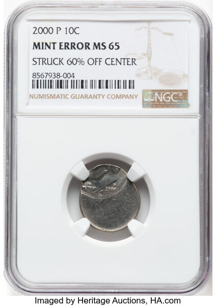 image for: 2000-P 10C Roosevelt Dime -- Struck 60% Off Center -- MS65 NGC. NGC Census: (2/16)....