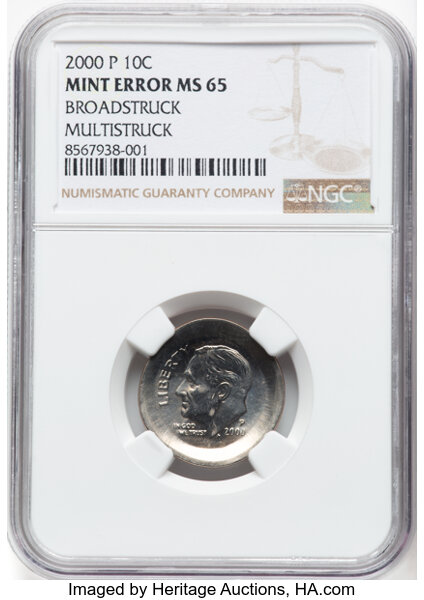 image for: 2000-P 10C Roosevelt Dime -- Broadstruck Multistruck -- MS65 NGC. NGC Census: (2/16)....
