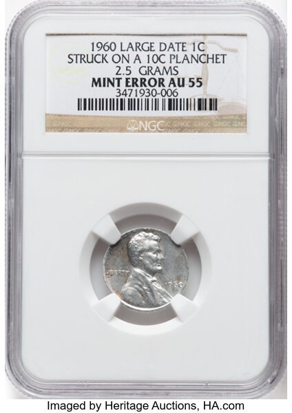 image for: 1960 1C Lincoln Cent, Large Date -- Struck On a 10C Planchet -- AU55 NGC. 2.5 Grams. NGC Census: (4/20).  Mintage 588,096,6...
