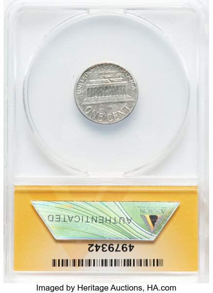 image for: 1961 1C Lincoln Cent -- 1961 1C Struck on a Dime Blank, Damaged -- ANACS Details. AU50. 2.49 grams.  Mintage 756,373,244....