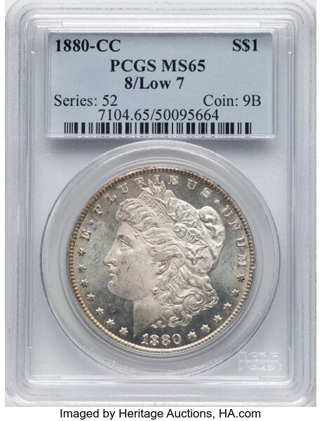 image for: 1880-CC $1 8 Over Low 7, VAM-6, MS65 PCGS....