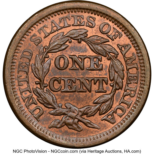 image for: 1855 Upright 55, N-4 1c NGC MS65 RB