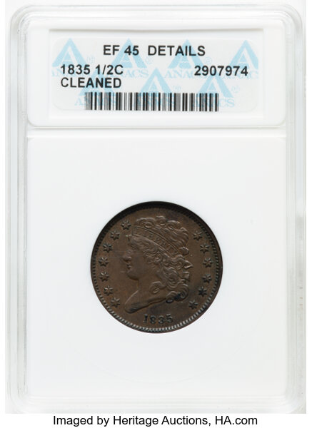 image for: 1835 1/2 C C-2, B-2, R.1 -- Cleaned -- ANACS Details. XF45.  Mintage 398,000....