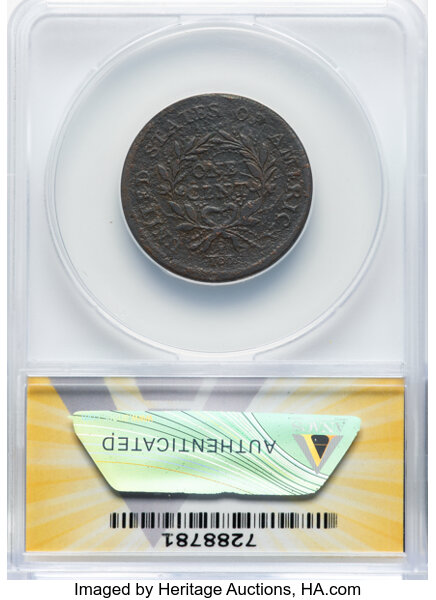 image for: 1793 Wreath, Vine/Bars, S-9  1c ANACS Deta VF20 BN