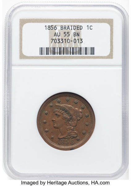 image for: 1856 1C Upright 5, N-7, R.2, AU55 NGC. Mintage 2,690,463....