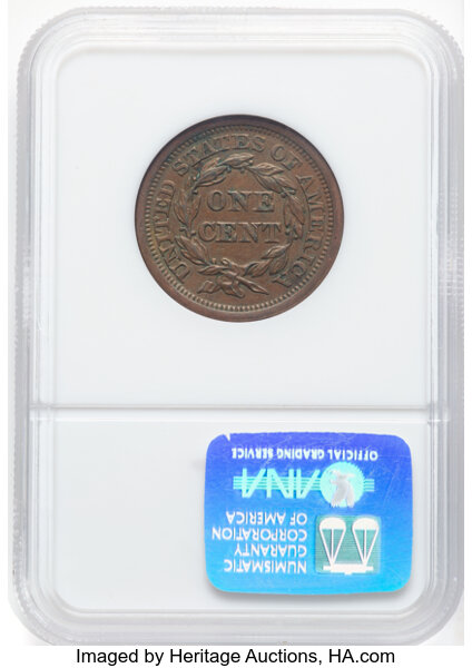 image for: 1856 1C Upright 5, N-7, R.2, AU55 NGC. Mintage 2,690,463....