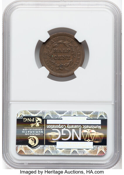 image for: 1854 1/2 C C-1, B-1, R.1, MS62 Brown NGC.  Mintage 55,358. ...