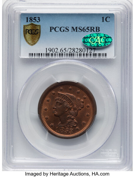 image for: 1853 N-13 1c PCGS MS65 RB CAC