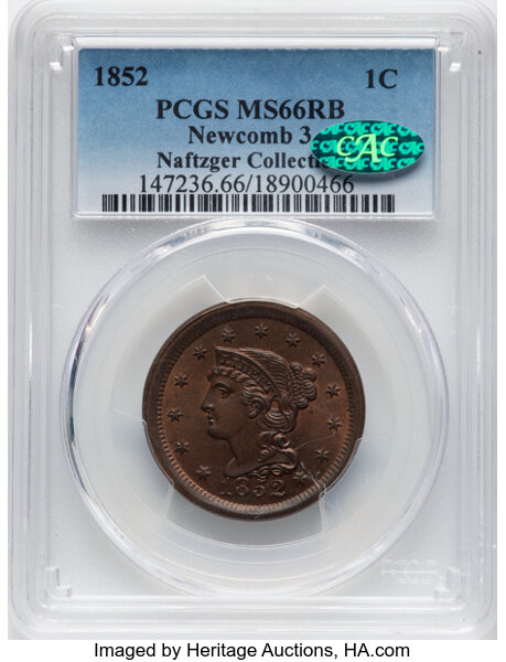 image for: 1852 N-3 1c PCGS MS66 RB CAC